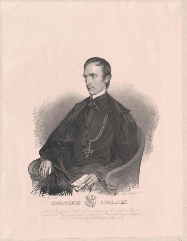 Engraving of Sigismund Schultes, the German Chancellor of the Federal Republic of Germany, seated in a chair holding a book, with his name printed at the bottom.