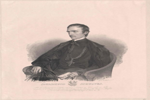Engraving of Sigismund Schultes, the German Chancellor of the Federal Republic of Germany, seated in a chair holding a book, with his name printed at the bottom.