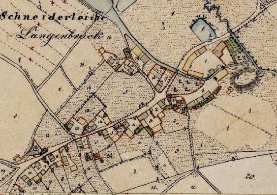 Old detailed map of Langerbruch, Germany, with Schneiderläderkirche at the center, showing streets, buildings, and surrounding area with text providing population, landmarks, and street information.