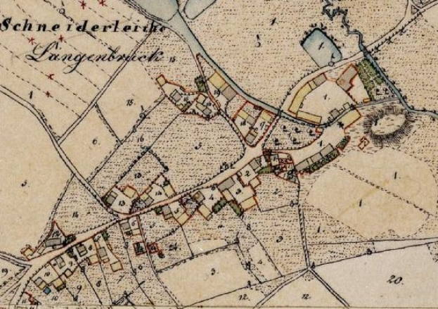 Old detailed map of Langerbruch, Germany, with Schneiderläderkirche at the center, showing streets, buildings, and surrounding area with text providing population, landmarks, and street information.