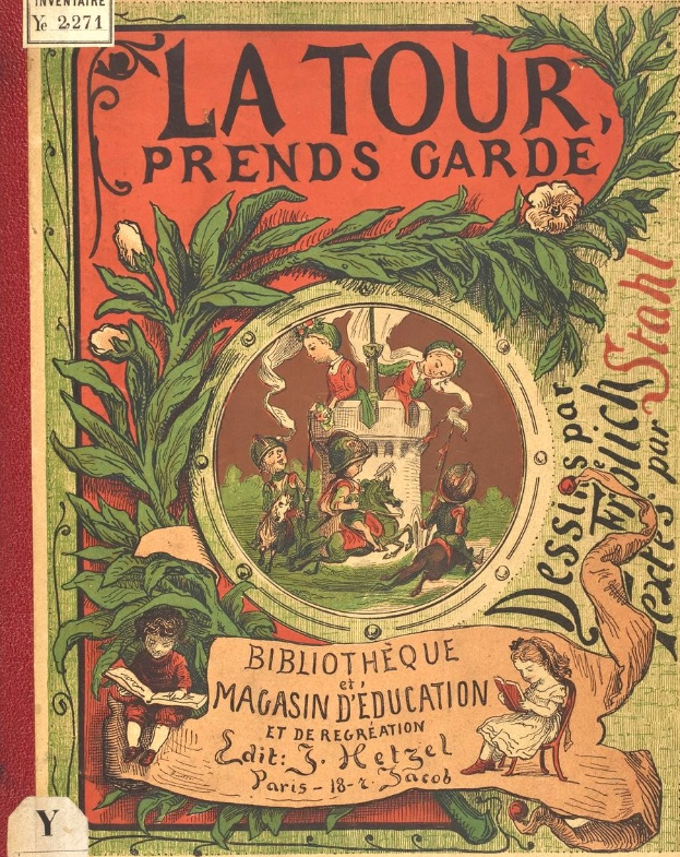 Buchumschlag mit Kindern, die fröhlich in einem üppigen Garten mit grünen Blättern und blühenden Blumen spielen, Titel 'La Tour Prends Garde' sichtbar.