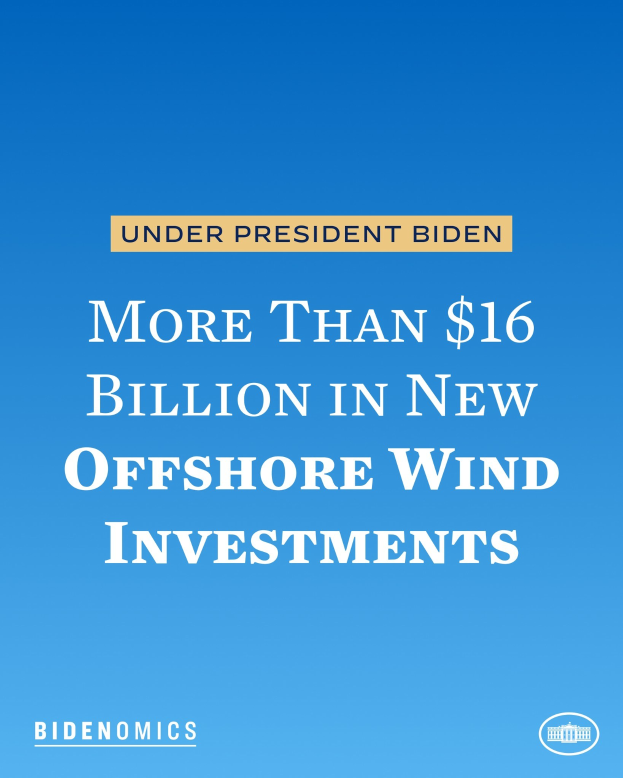 Plakat mit einem blauen Hintergrund und weißer Schrift, die besagt "Mehr als 16 Milliarden US-Dollar in neue Offshore-Wind-Investitionen unter Präsident Biden."