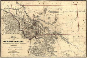 Detailierte alte Karte des Montana-Gebiets, die geografische Merkmale wie Berge, Flüsse und Wälder zeigt, mit beschrifteten Städten und Ortschaften.