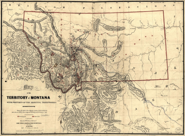 Detailierte alte Karte des Montana-Gebiets, die geografische Merkmale wie Berge, Flüsse und Wälder zeigt, mit beschrifteten Städten und Ortschaften.