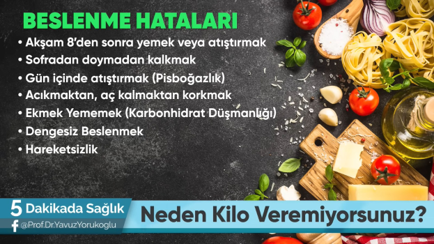 Poster titled "beslenme hataları - neden kilo veremiyorsunuz?" surrounded by food items including tomatoes, onions, garlic, leaves, a wooden board, a bottle, and a cloth.