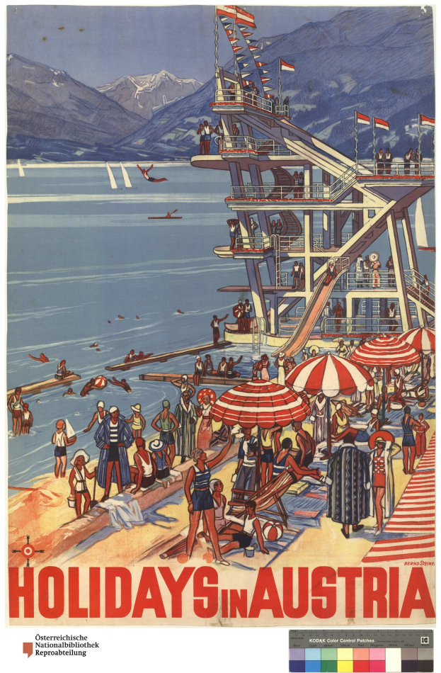 Plakat, das Urlaube in Österreich bewirbt, zeigt Menschen am Strand mit Schirmen, ein Schiff im Hintergrund, Fahnen, entfernte Berge und Text.