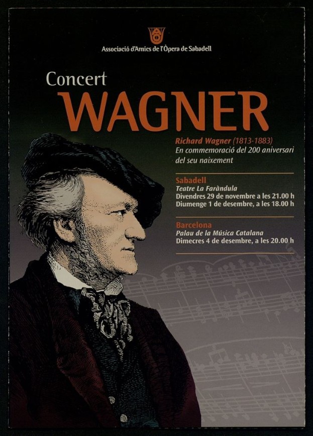 Ein Konzertplakat mit einem Porträt von Richard Wagner in einem schwarzen Anzug und weißem Hemd mit zurückgekämmtem Haar auf einem hellblauen Hintergrund mit fetter schwarzer Schrift.