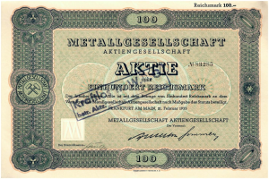 Alte deutsche 100 Reichsmark-Banknote von 1933 mit aufgedrucktem Text "Metallgesellschaft Aktie".