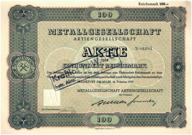 Alte deutsche 100 Reichsmark-Banknote von 1933 mit aufgedrucktem Text "Metallgesellschaft Aktie".