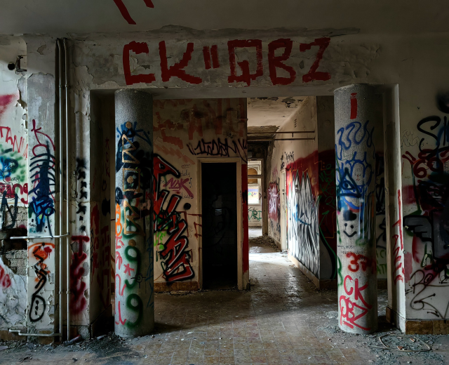Verlassenes Gebäude mit Graffiti-bedeckten Wänden, sichtbarem Boden und freiliegenden Rohren, mit einer Tür im Hintergrund.
