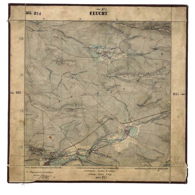 Old topographic map of Feucht, Germany, with labeled geographical features and text detailing population, roads, and landmarks.