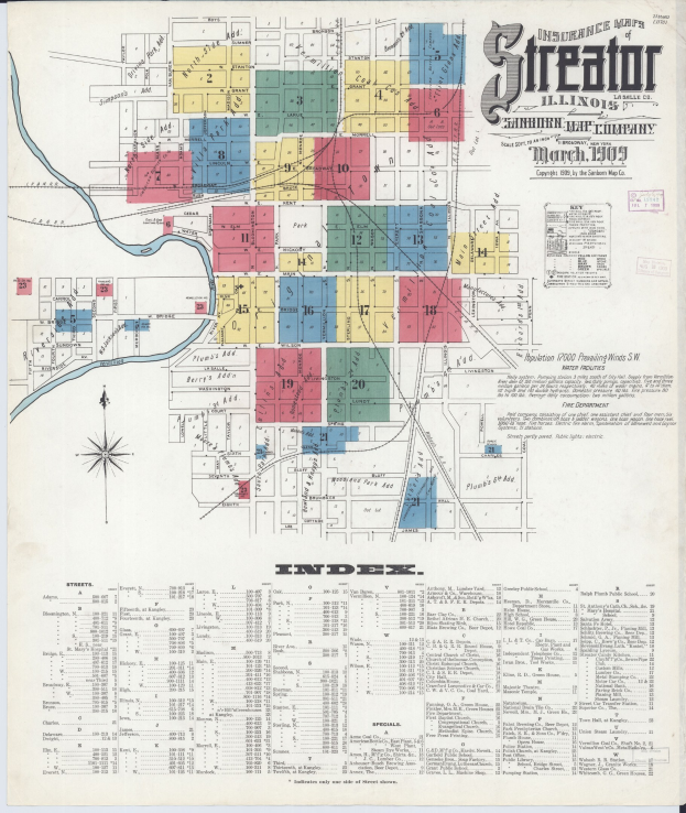 Detailed 1909 map of Streator, Illinois, showing streets, buildings, and color-coded areas with text labels.