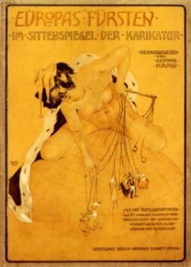 Plakatankündigung einer Circus-Vorführung mit dem Titel "Europas Fursten - Im Sittenspiegel der Karikatur", das eine Frau im Bikini und einen Mann im Badeanzug in gedämpften Blautönen und Grautönen zeigt.