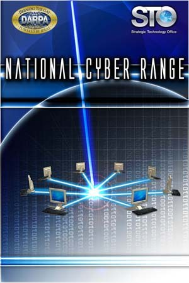 Plakat mit "National Cyber Range" in fetter, weißer Schrift auf einem blauen Hintergrund, das eine Weltkugel mit mehreren angeschlossenen Computern zeigt.