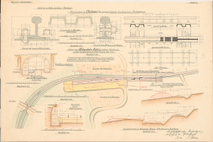 Ein altes Buch mit detaillierten Illustrationen und Texten zu einem Eisenbahnlayout, einschließlich einer Zeichnung einer Eisenbahnschiene.