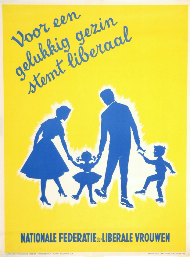 A yellow poster featuring a family of four with the text "Nationale Federatie der Liberale Vrouwen" across the top, likely promoting Dutch liberation.