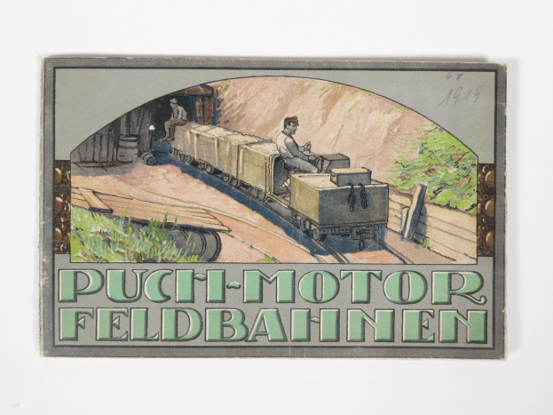 Poster featuring a painting of a train on tracks with two people seated on it, surrounded by greenery and a wall, with text at the bottom reading "puch-motor feldbahnen - puch motor feldbahnen".