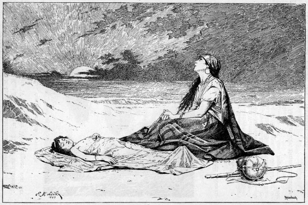 A woman in a long dress sits on the beach beside a man lying on his back in the sand, with trees and sky in the background and text reading "E.K. Ritchie's illustration of the death of a woman" at the bottom.