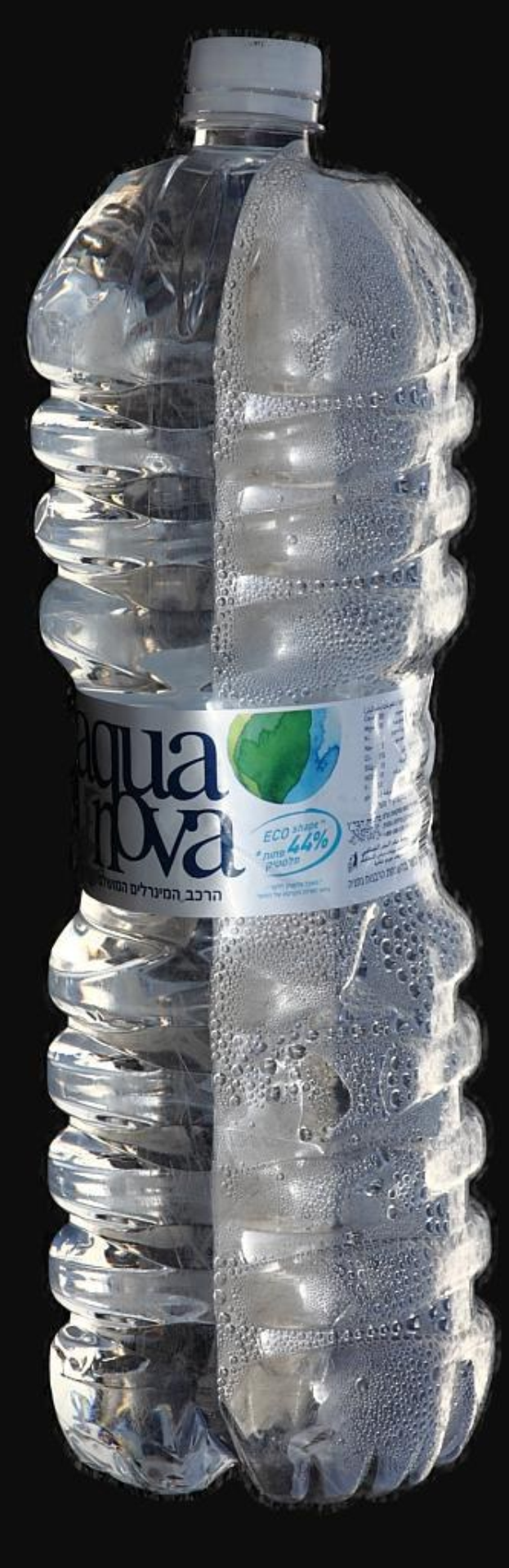 Eine transparente Wasserflasche mit einem Deckel, die Wasser enth├Ąlt, ist der Hauptfokus des Bildes.