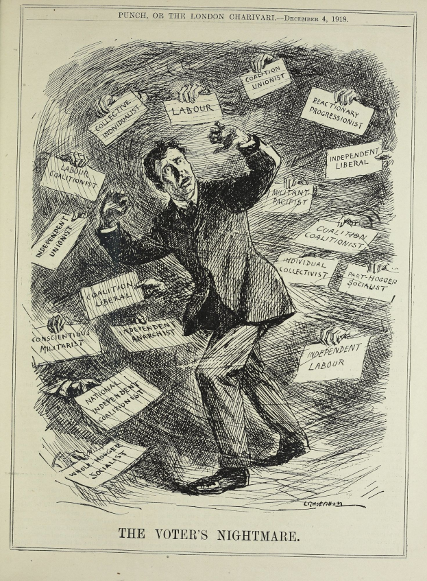 Ein Blatt mit einer Zeichnung eines Mannes im Anzug, der ein Schild mit der Aufschrift "Der Albtraum des Wählers" hält.