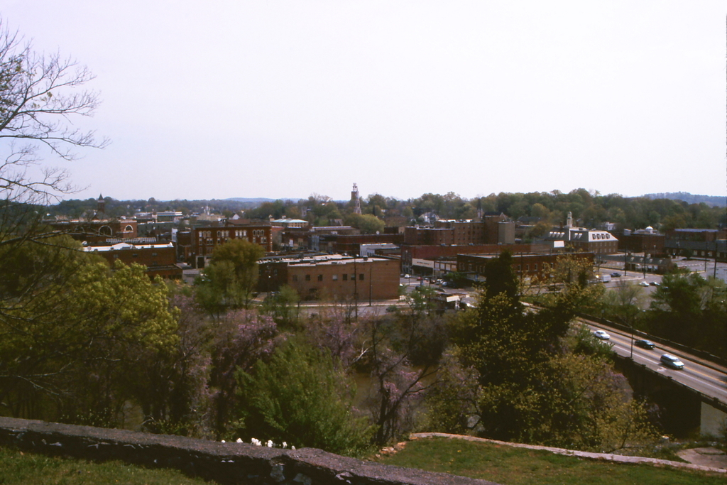 Eine Stadtansicht mit Gebäuden, Bäumen, Masten, Straßen, Fahrzeugen und Himmel.