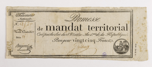 Old French banknote featuring a man's portrait and the text "Promesse de Mandat Territorial".