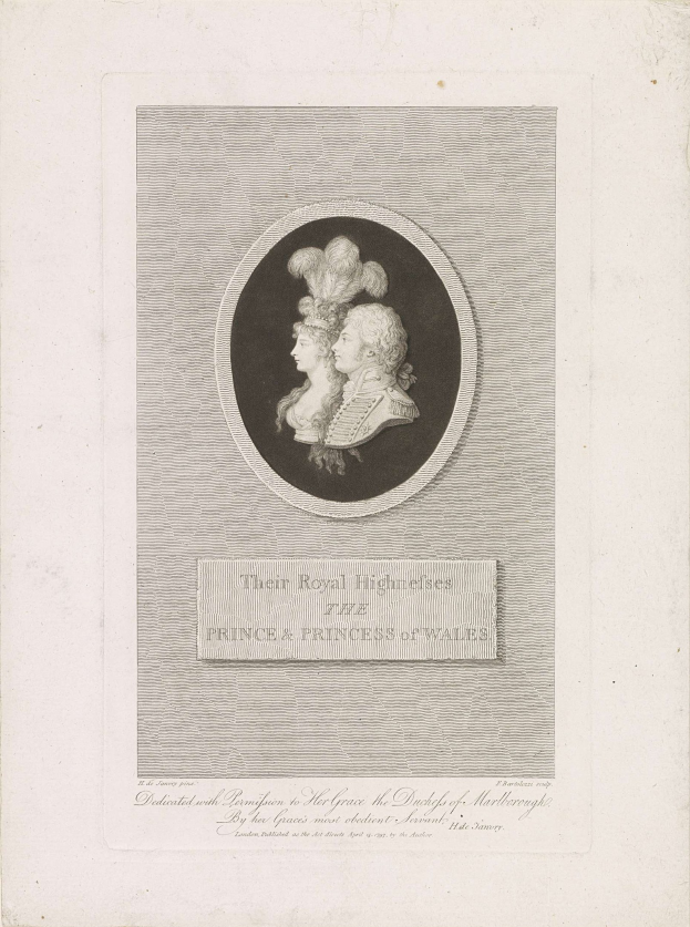 Schwarzes und weißes Bild einer Zeitung mit einem Foto des Prinzen und der Prinzessin von Wales neben etwas gedrucktem Text.