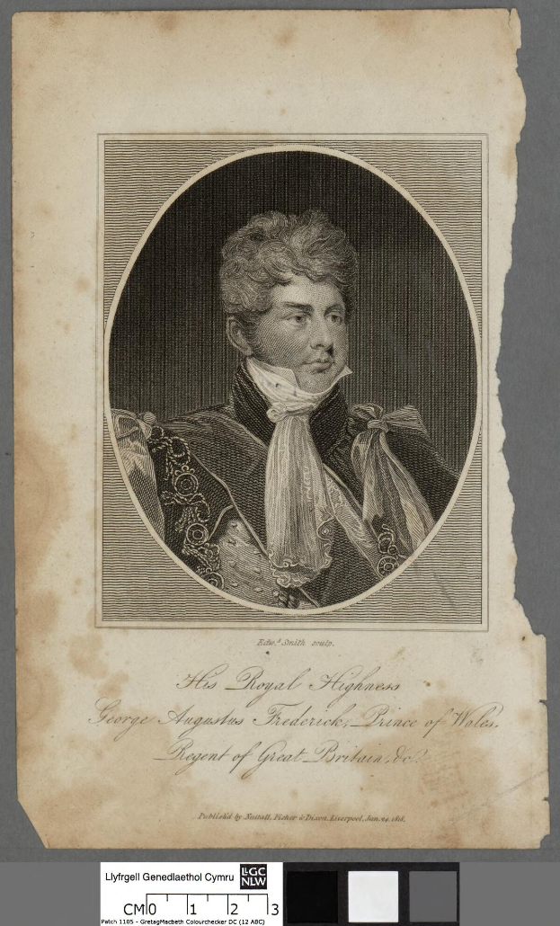 Porträt von George Augustus Frederick, Prinz von Wales, in einem schwarzen und weißen Kleid mit Text unten.