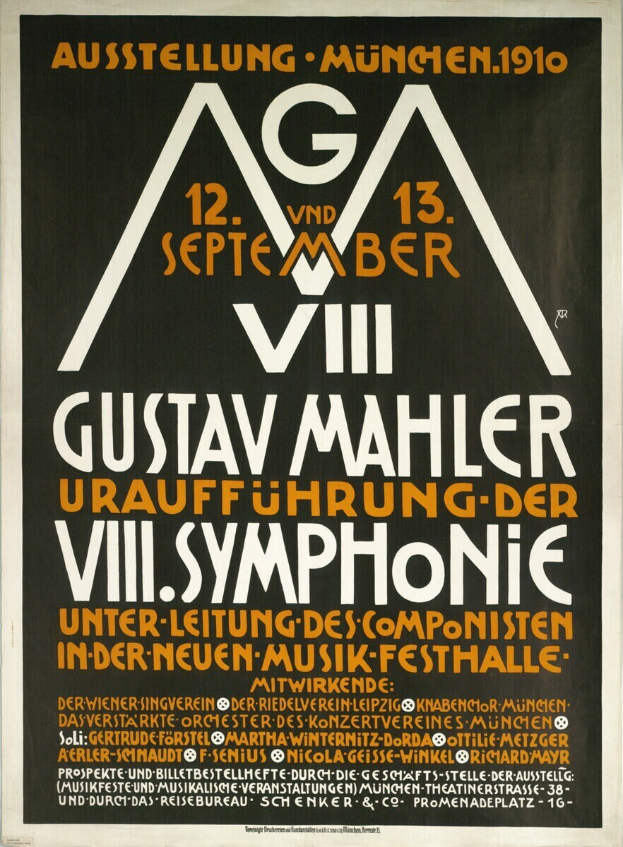 Poster for Gustav Mahler's symphonic concert in Munich, Germany, with text displayed in the center.