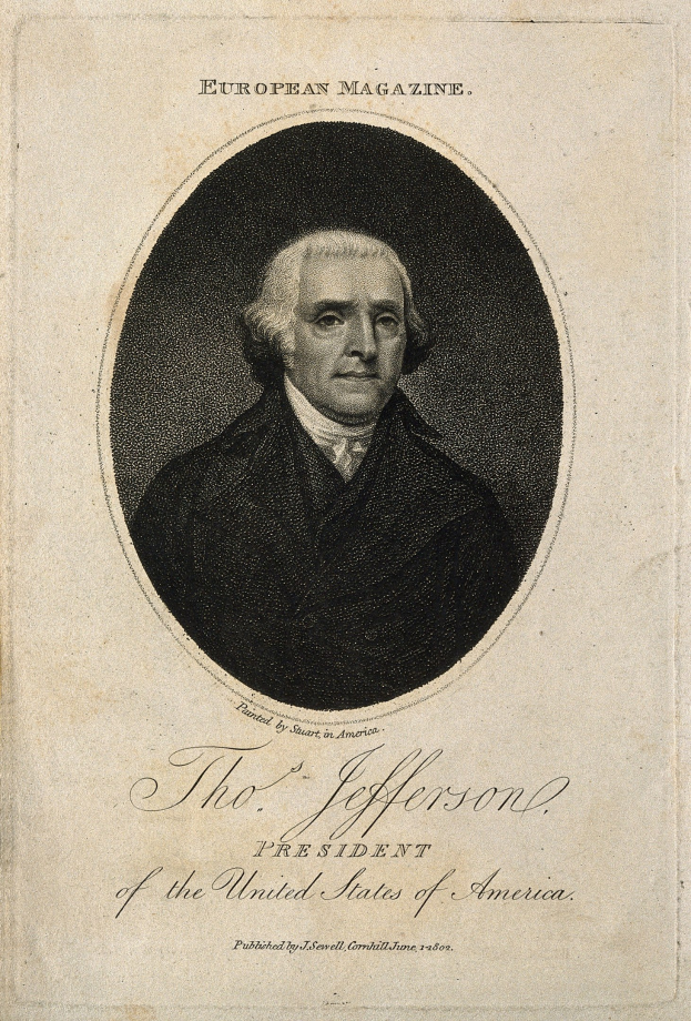 Porträt von Thomas Jefferson, Präsident der Vereinigten Staaten, auf dem Cover des European Magazine in Schwarzanzug, weißem Hemd und ernstem Gesichtsausdruck, mit zurückgekämmten Haaren und direktem Blick in die Kamera.