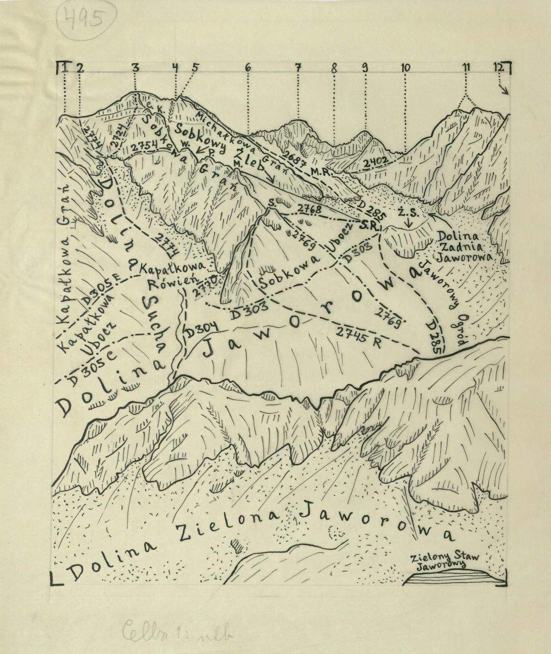 Old book open to a detailed map of the Dolina Zielona Jaworowa mountain range in Poland, showing peaks, valleys, and surrounding landscape with labeled towns and cities.