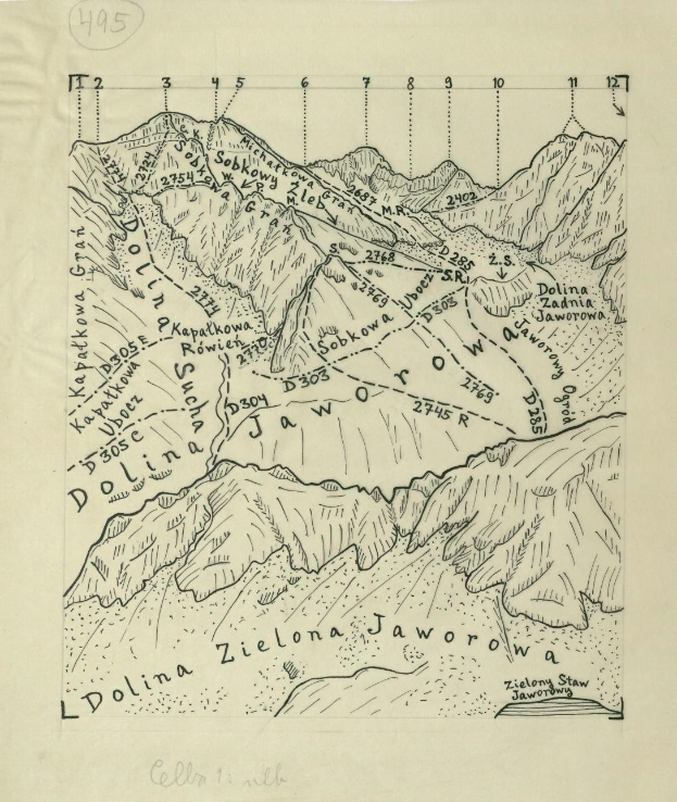 Old book open to a detailed map of the Dolina Zielona Jaworowa mountain range in Poland, showing peaks, valleys, and surrounding landscape with labeled towns and cities.