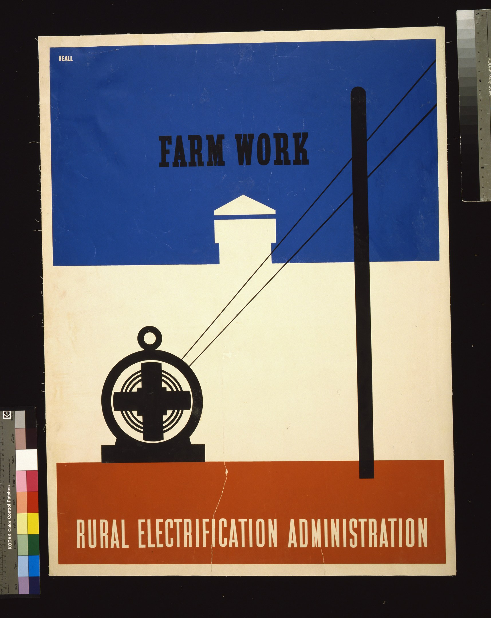 Plakat mit fetter schwarzer Schrift "Farm Work Rural Electricity Administration" auf einem weißen Hintergrund, eingerahmt von einem schwarzen Rand, mit einer Grafik eines Bauernhofs mit einem Traktor und einem Stall.