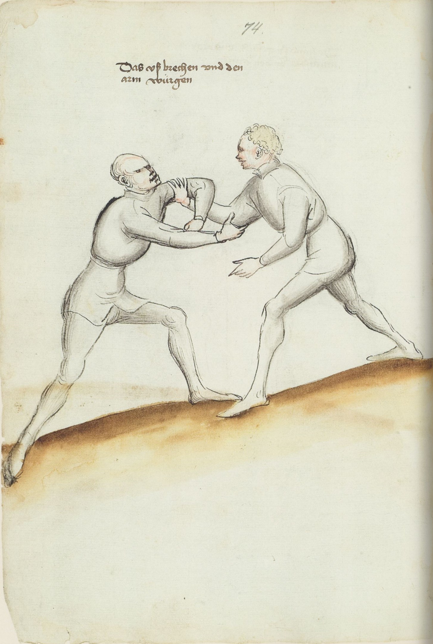 Zwei Männer in tätlicher Auseinandersetzung, einer schlägt auf den anderen ein, auf einem Papier mit Text stehend.