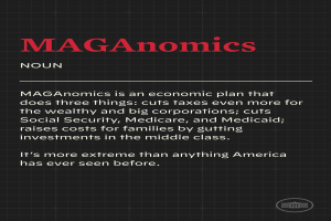 Plakat mit fettem schwarzem Text auf einem weißen Hintergrund, eingerahmt von einem schmalen schwarzen Rand, das "Maganomics: Ein Wirtschaftsplan, der drei Dinge tut - Senkt Steuern für die Reichen und große Unternehmen noch weiter."