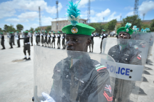 Nigerianische Polizeibeamte vor einer Reihe uniformierter Personen mit Schilden, Bäumen, Türmen, Gebäuden und einem bewölkten Himmel im Hintergrund.