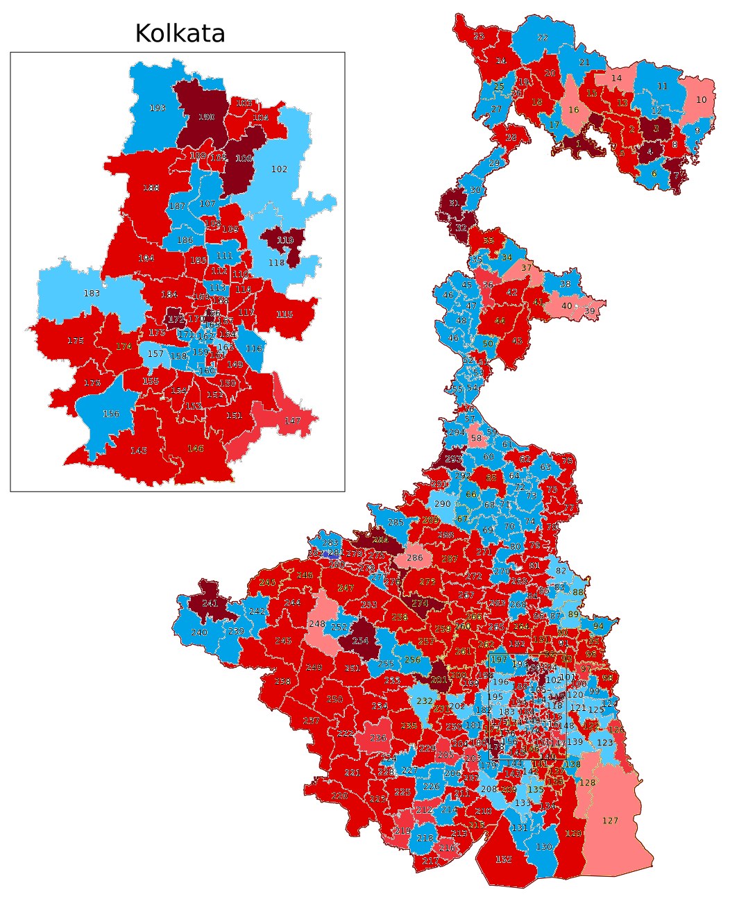 Color-coded map of Kolkata, India, showing population distribution percentages, with the title "Kolkata Election Results" at the top.