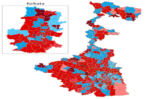 Color-coded map of Kolkata, India, showing population distribution percentages, with the title "Kolkata Election Results" at the top.