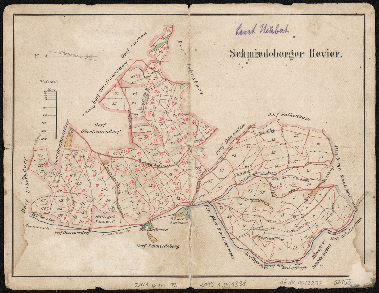 Old detailed map of Schiederberger, Germany, on a black background showing streets, buildings, and landmarks.
