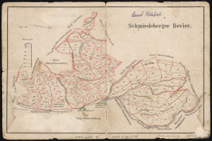 Old detailed map of Schiederberger, Germany, on a black background showing streets, buildings, and landmarks.