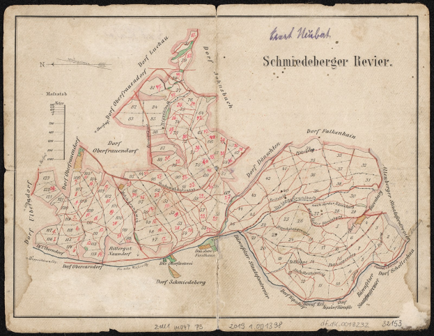 Old detailed map of Schiederberger, Germany, on a black background showing streets, buildings, and landmarks.