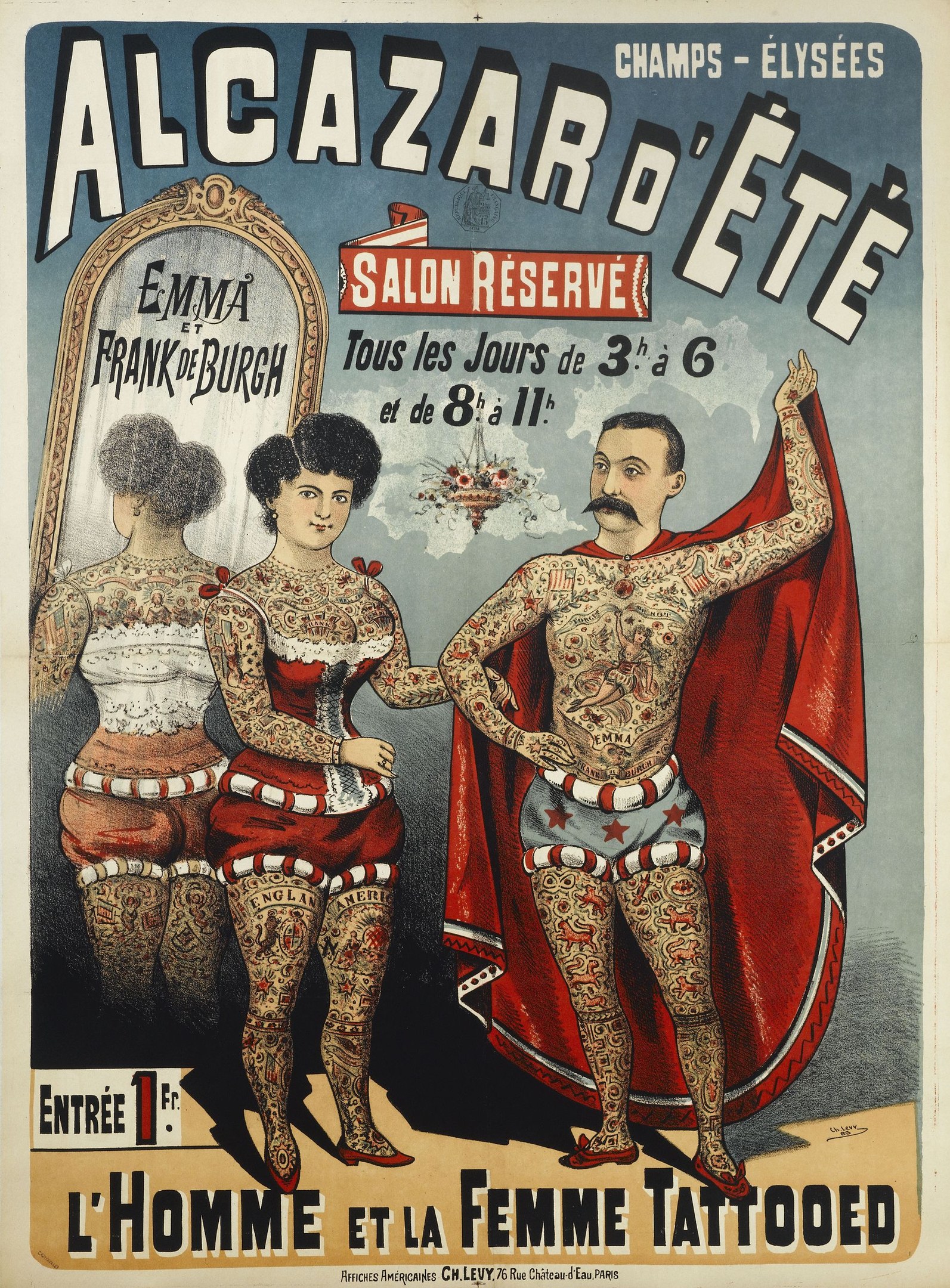 Poster advertising a tattoo parlor in Paris featuring two tattooed individuals standing side by side with text promoting the salon.