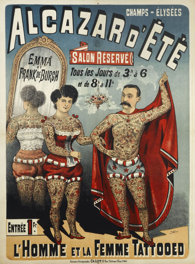 Poster advertising a tattoo parlor in Paris featuring two tattooed individuals standing side by side with text promoting the salon.