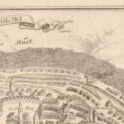 Detailed old map of Stadt city showing streets, buildings, trees, hills, and landmarks with descriptive text.