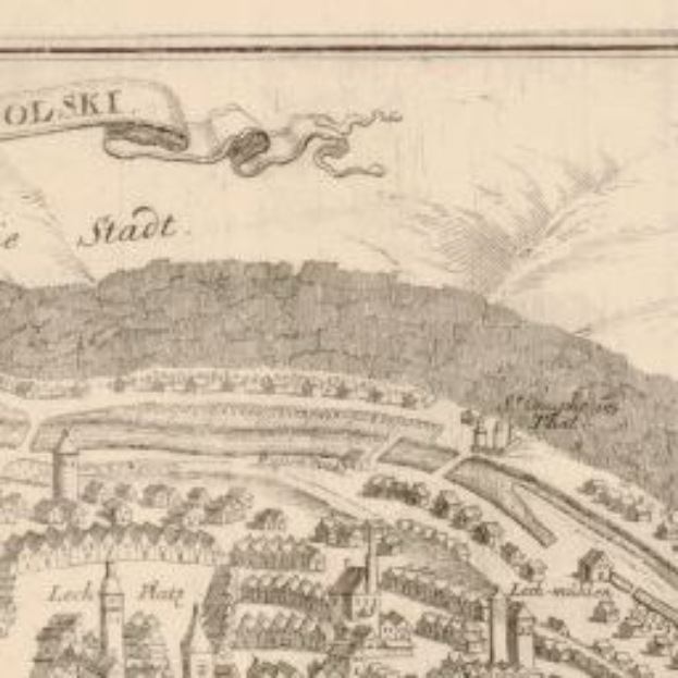 Detailed old map of Stadt city showing streets, buildings, trees, hills, and landmarks with descriptive text.