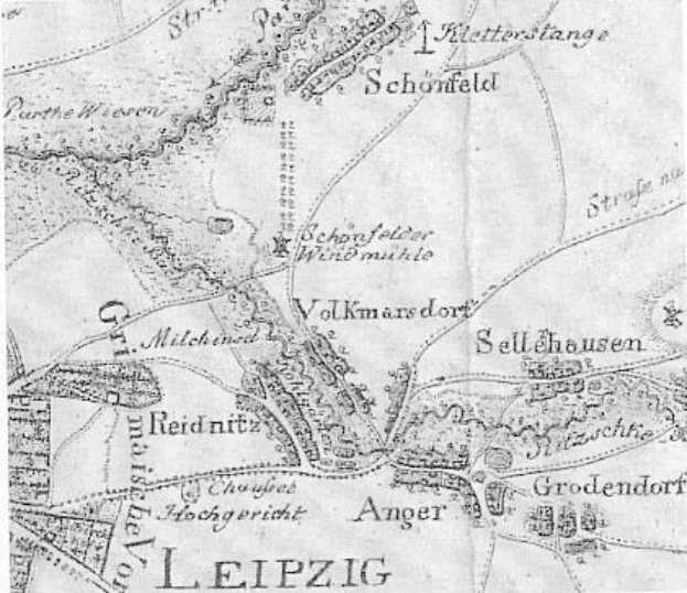 Detailiertes altes Stadtplan von Leipzig, Deutschland, der Straßen, Gebäude und Sehenswürdigkeiten zeigt, begleitet von Text über Bevölkerung, Straßen und bekannte Orte.