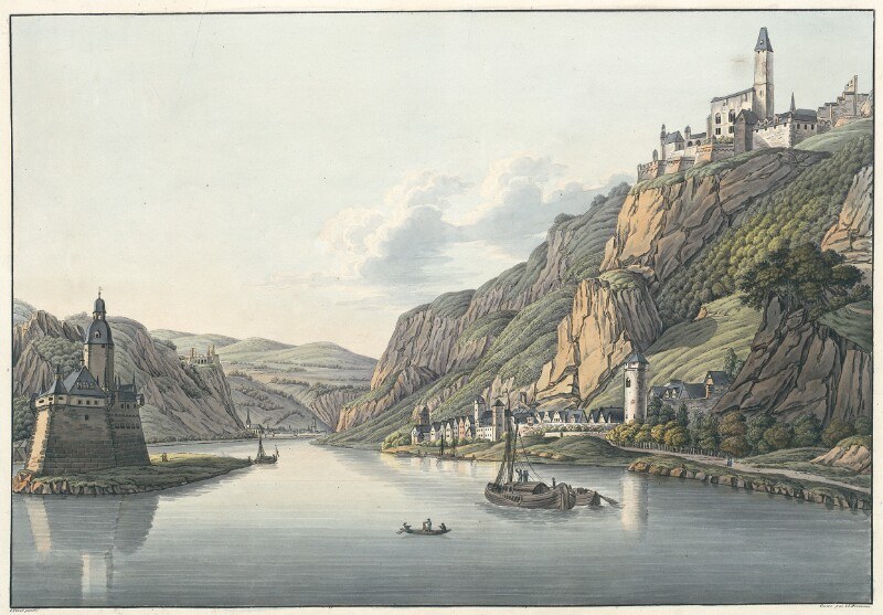 Gemälde eines Flusses mit Booten, umgeben von Hügeln, Bäumen, Gebäuden und einem bewölkten Himmel, mit dem Text "Schloss Karlsruhe in Deutschland" unten.