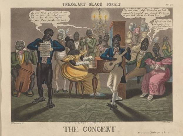 A group of people playing musical instruments in a room with a chandelier and a cupboard, with text reading "Tregear's Black Jokes: The Concert" at the bottom.