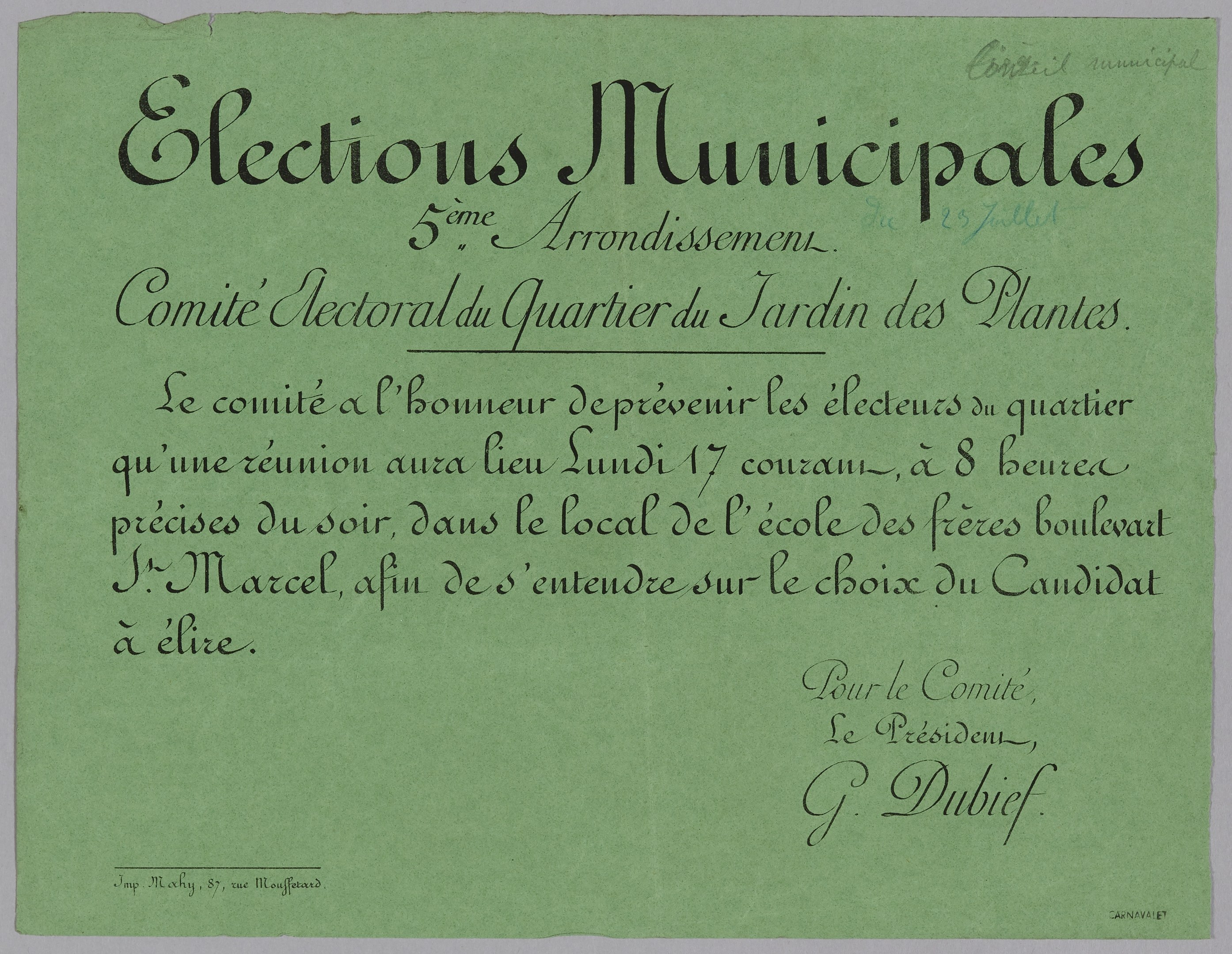 Grünes Blatt mit "Elections municipales" darauf vor einem weißen Hintergrund.