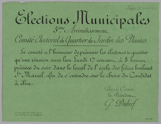 Grünes Blatt mit "Elections municipales" darauf vor einem weißen Hintergrund.